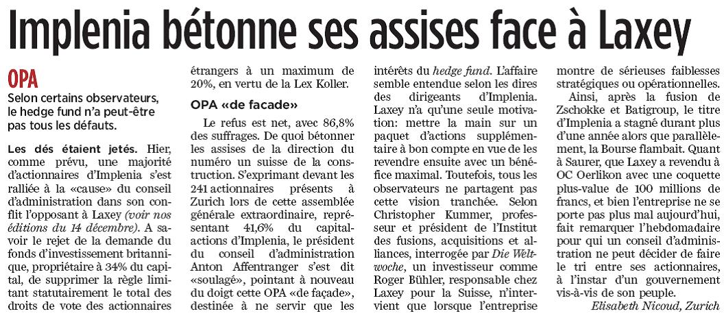 Implenia cements its position versus Laxey