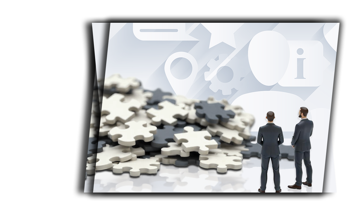 a business person with puzzle pieces and other business symbols