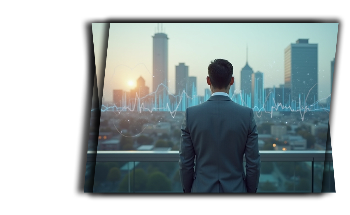 A business person looking through the city with skyscrapers